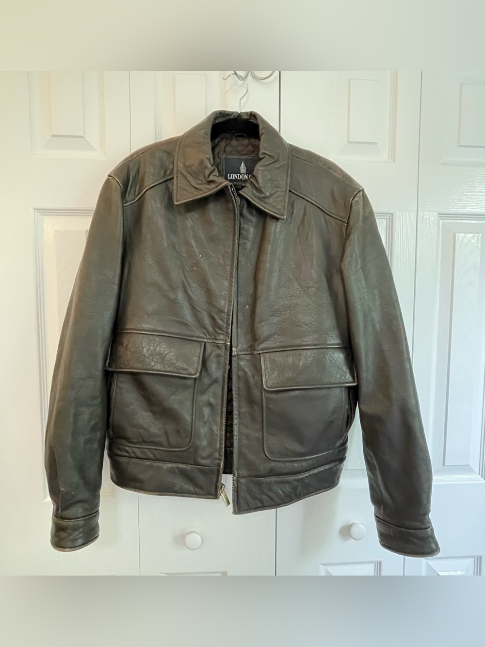 London Fog Dark Brown Leather Bomber Jacket Size Medium